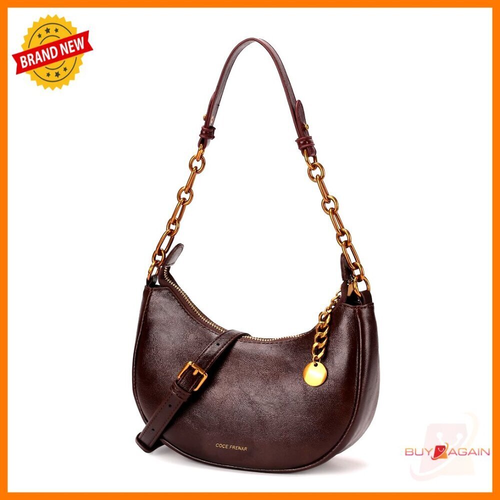 PU Leather Crossbody Bag with Gold Chain, Adjustable Strap, Crescent Shape